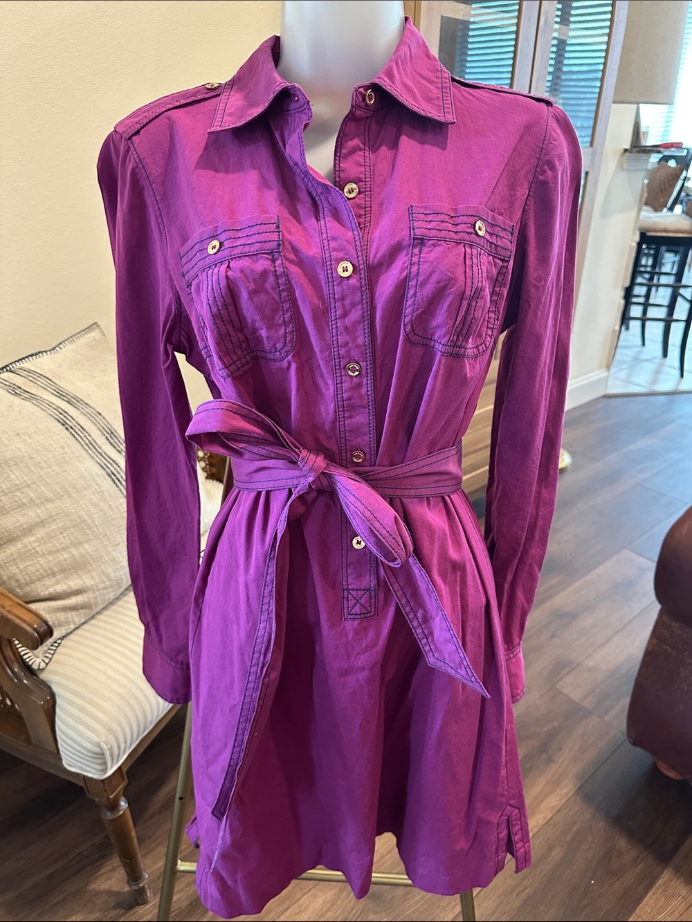 Button-Front Shirt Dress in Magenta with Waist Tie
